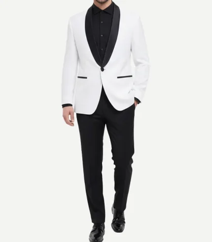 A sharp Edgar Mens Black Shawl Lapel Off White Tuxedo featuring a smooth contrast collar and a tailored fit.