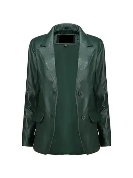 Front view of green leather blazer with visible inner lining