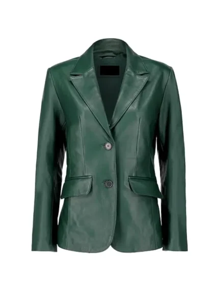Front buttoned green leather blazer with flap pockets