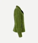 Green Suede Blazer showing a front view with high-quality tonal buttons and precision stitching in a dark olive hue.
