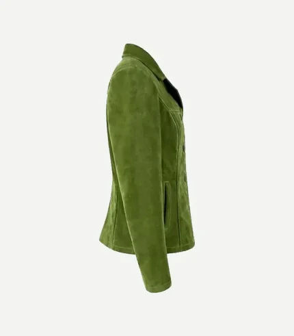 Green Suede Blazer showing a front view with high-quality tonal buttons and precision stitching in a dark olive hue.