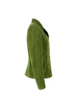 Side view of green suede blazer showing a slim silhouette, long sleeve, smooth suede texture, and side pocket opening on white background.