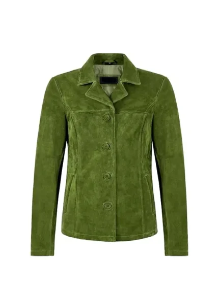 Front view of green suede blazer with lapel collar, four-button front, long sleeves, and clean seam detailing on white background.