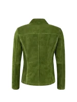 Back view of green suede blazer showing clean back panel, center seam, structured shoulders, and shaped waist on white background.