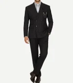 A Kirby Black Pinstripe Double Breasted Two Piece Suit featuring a sharp six-button front and matching trousers.