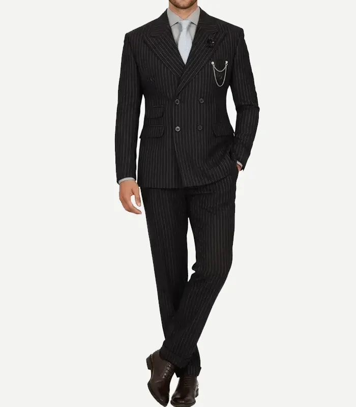 A Kirby Black Pinstripe Double Breasted Two Piece Suit featuring a sharp six-button front and matching trousers.
