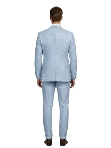 Back view of a Light Blue Seersucker Style Suit showing the slim fit and dual vents.