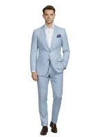 Front view of a Light Blue Seersucker Style Suit with a crisp two-button closure.