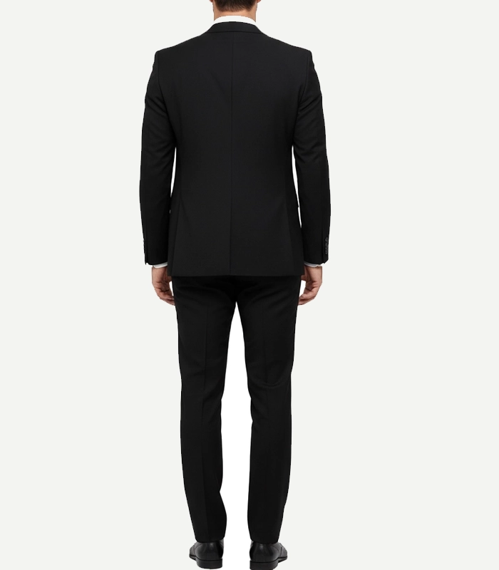 Front view of a Mens 3 Piece Peak Lapel Black Suit showing the structured shoulders and high-quality fabric.