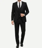 A Mens 3 Piece Peak Lapel Black Suit with a coordinated vest and trousers for a sharp, formal silhouette.