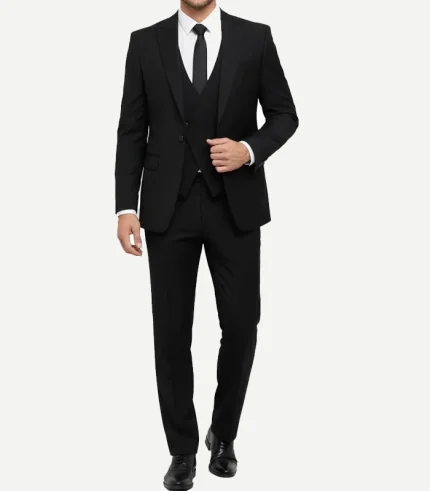 A Mens 3 Piece Peak Lapel Black Suit with a coordinated vest and trousers for a sharp, formal silhouette.