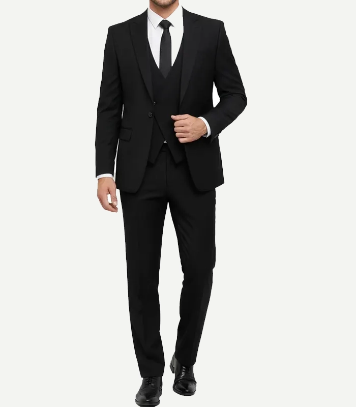 A Mens 3 Piece Peak Lapel Black Suit with a coordinated vest and trousers for a sharp, formal silhouette.