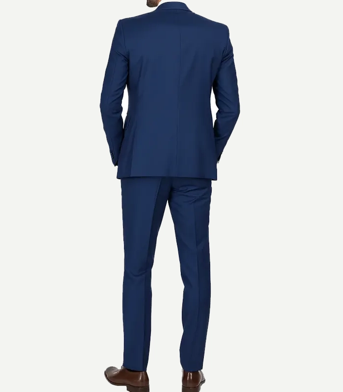 A Mens Blue 3 Piece Wedding Suit featuring a sharp peak lapel jacket, matching vest, and trousers for the groom.