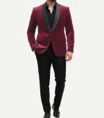 Front view of a Black Shawl Lapel Red Velvet Tuxedo designed with a modern tailored fit and elegant satin details.