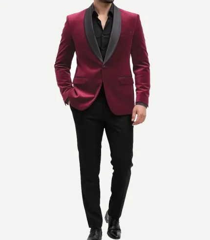 Front view of a Black Shawl Lapel Red Velvet Tuxedo designed with a modern tailored fit and elegant satin details.