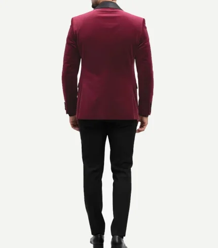 A Mens Black Shawl Lapel Red Velvet Tuxedo featuring a rich crimson fabric and a smooth satin contrast collar.