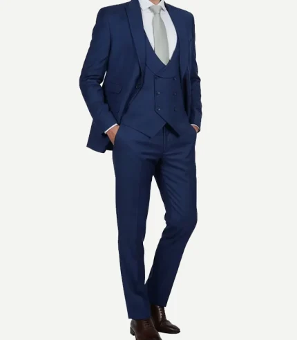 Front view of a Mens Blue 3 Piece Wedding Suit designed with a coordinated waistcoat and a sleek peak lapel finish.