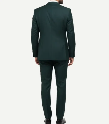 A professional Men’s Bottle Green Two Piece Notch Lapel Suit styled with a white shirt and dark tie.
