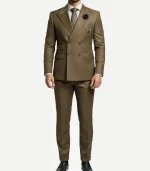 A professional Brown Peak Lapel 2 Piece Suit Double Breasted featuring a classic six-button front and matching trousers.