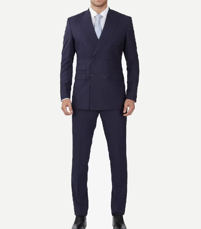 A sharp Dark Blue Double Breasted Suit Peak Lapel featuring a classic six-button design and a modern tailored fit.