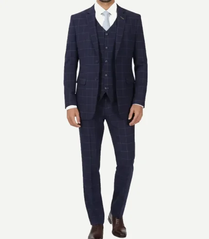Front view of a Mens Navy Blue Check 3 Piece Suit designed with a modern cut and a classic windowpane pattern.