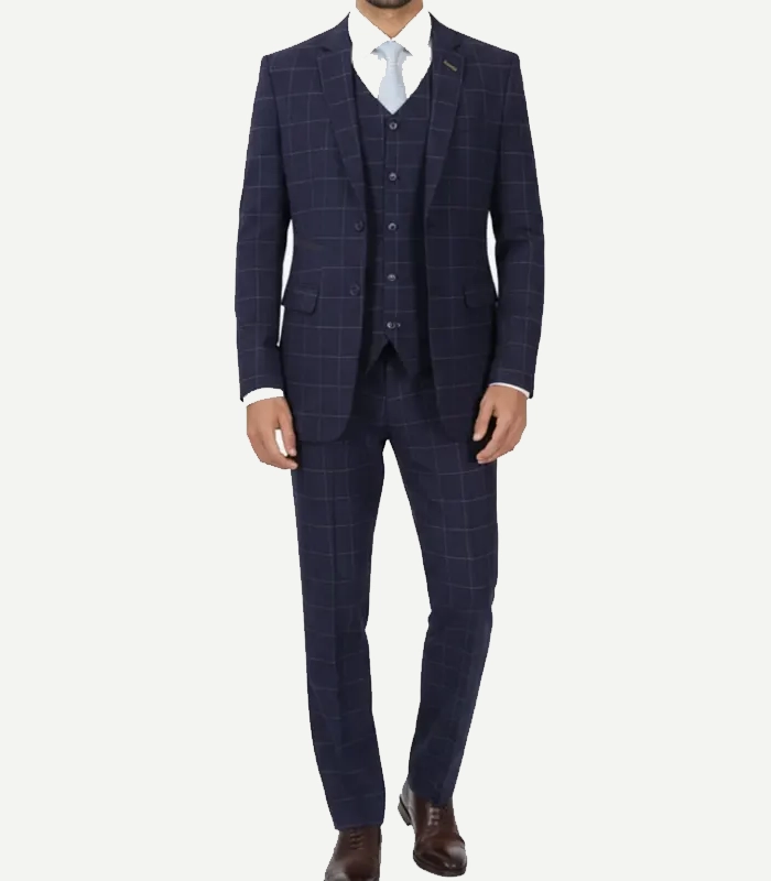 Front view of a Mens Navy Blue Check 3 Piece Suit designed with a modern cut and a classic windowpane pattern.