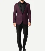 Front view of a Mens Black Peak Lapel Burgundy Tuxedo showing the detailed stitching and sleek black contrast collar.