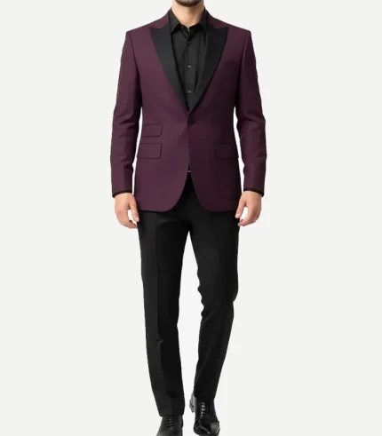 Front view of a Mens Black Peak Lapel Burgundy Tuxedo showing the detailed stitching and sleek black contrast collar.