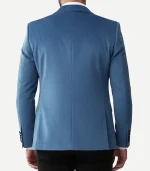Front view of a Mens Peak Lapel Teal Blue Velvet Tuxedo with detailed stitching and an elegant peak lapel design.
