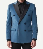 A Mens Peak Lapel Teal Blue Velvet Tuxedo featuring a rich, deep teal fabric and a sharp tailored silhouette.