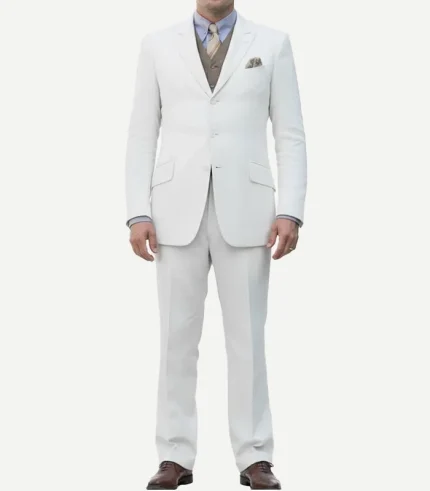 Side view of a Mens Off White Three Piece Suit showing the detailed vest and smooth, high-quality fabric.