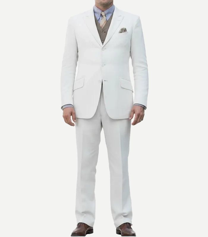 Side view of a Mens Off White Three Piece Suit showing the detailed vest and smooth, high-quality fabric.