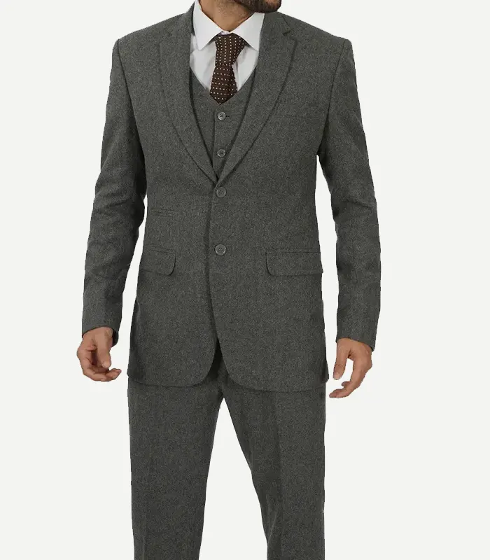 Front view of a Men’s Gray Gangster Suit showing the two-button jacket closure and the coordinated three-piece set.