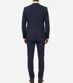 A Mens Navy Blue Check 3 Piece Suit featuring a matching jacket, vest, and trousers with a subtle grid pattern.