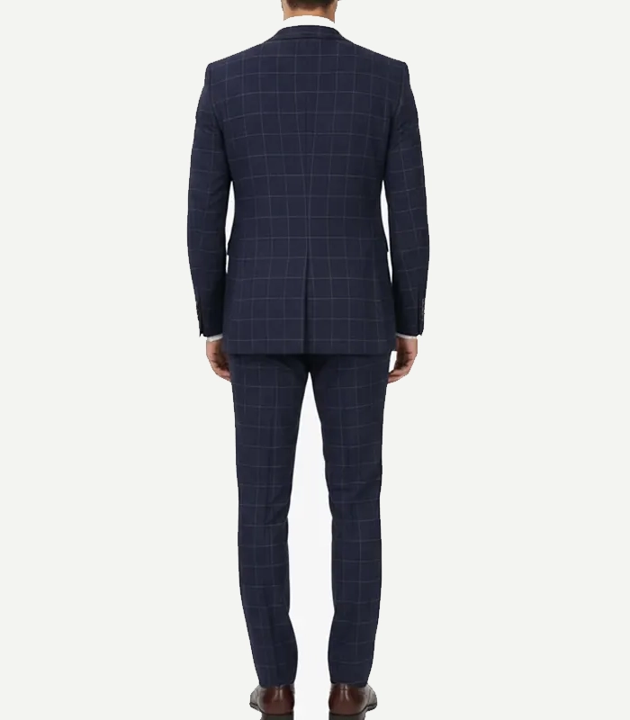 A Mens Navy Blue Check 3 Piece Suit featuring a matching jacket, vest, and trousers with a subtle grid pattern.