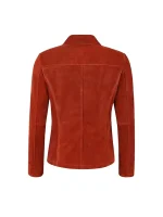 Back view of orange suede blazer showing clean back panel, center seam, structured shoulders, and shaped waist on white background.