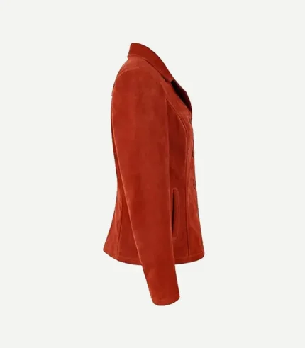 Orange Suede Blazer styled with a minimalist design and a premium velvety surface in a bright, sunset-inspired shade.