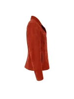 Side view of orange suede blazer showing a fitted profile, long sleeve, smooth suede texture, and side pocket opening on white background.