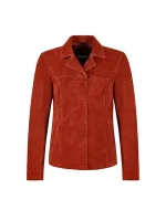 Front view of orange suede blazer with lapel collar, four-button front, long sleeves, and neat seam lines on white background.