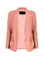 Front buttoned womens pink leather blazer with flap pockets