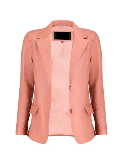Front buttoned womens pink leather blazer with flap pockets