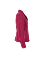 Side view of pink suede blazer showing a fitted profile, long sleeve, smooth suede texture, and side pocket opening on white background.