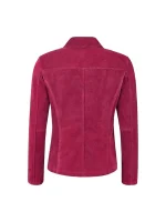 Back view of pink suede blazer showing a clean back panel, center seam, structured shoulders, and a shaped waist on white background.