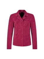 Front view of pink suede blazer with lapel collar, four-button front, long sleeves, and clean seam detailing on white background.