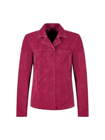 Front view of pink suede blazer with lapel collar, four-button front, long sleeves, and clean seam detailing on white background.