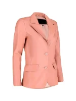 Angled view of womens pink leather blazer with notch lapel