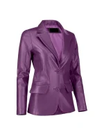 Angled view of womens Purple Leather Blazer with two-button closure