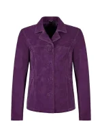 Front view of purple suede blazer with lapel collar, four-button front, long sleeves, and clean seam detailing on white background.