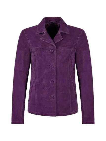 Front view of purple suede blazer with lapel collar, four-button front, long sleeves, and clean seam detailing on white background.