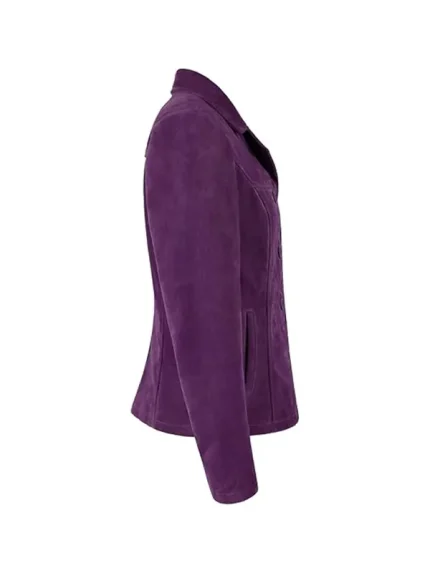 Side view of purple suede blazer showing a fitted profile, long sleeve, smooth suede texture, and side pocket opening on white background.